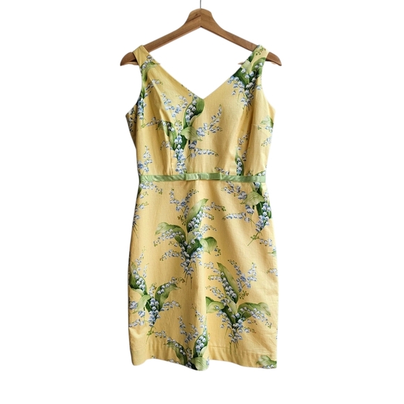 Lily Of The Vally Floral Print Yellow Dress, Green Ribbon At Waist, Size Small P - Picture 1 of 13